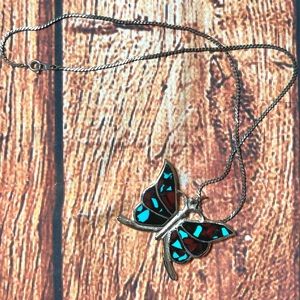 Sterling Silver Vintage Turquoise & Coral Mosaic Inlay Butterfly Necklace